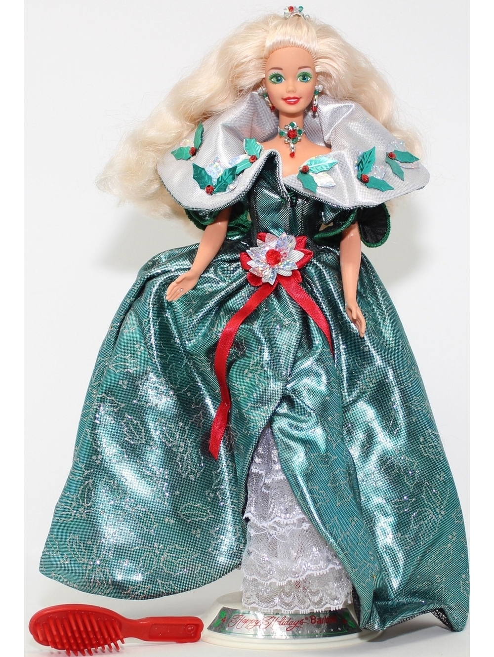 1995 Happy Holidays Barbie Special Edition Green Dress Stand Hair Brush #14123